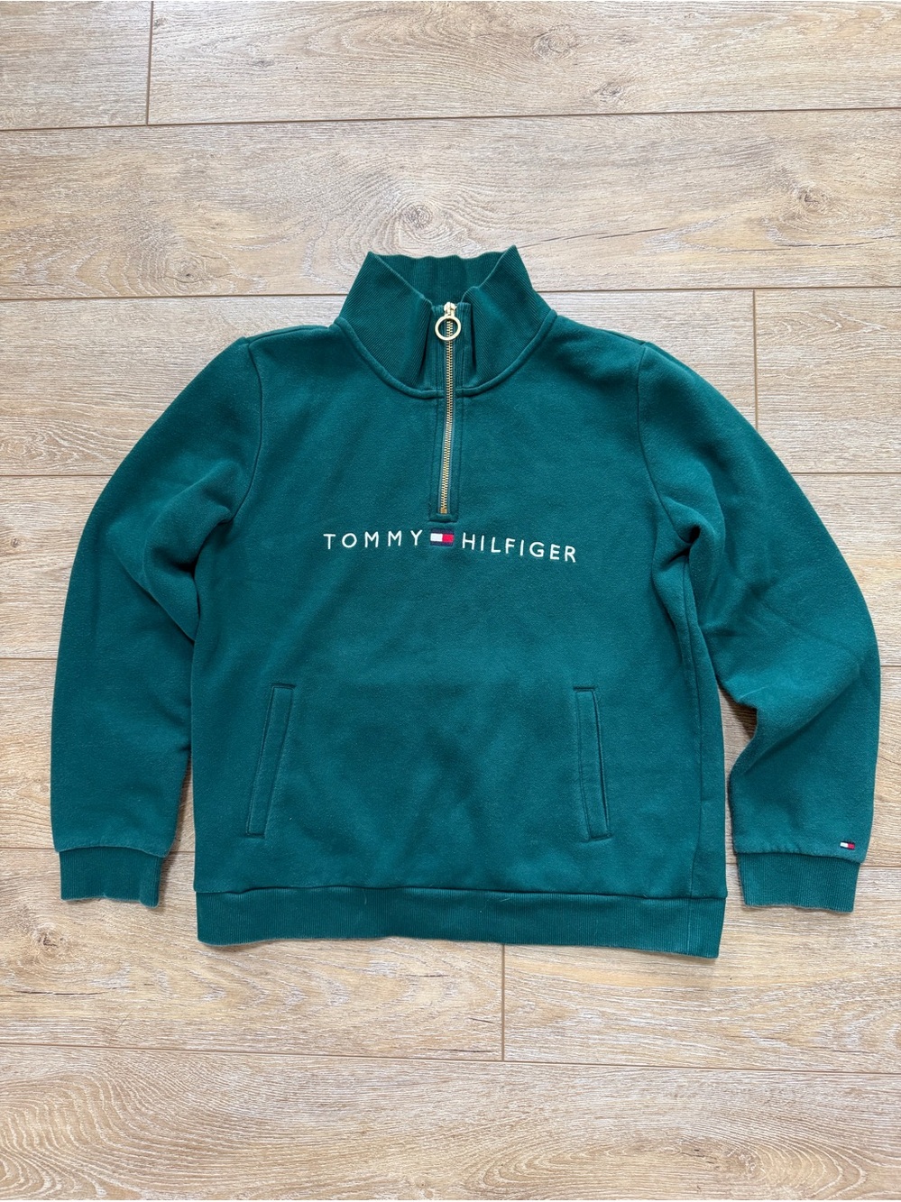 Tommy Hilfiger Fleece‎ Quarter-Zip Pullover Sweatshirt Sz Medium Green Preppy